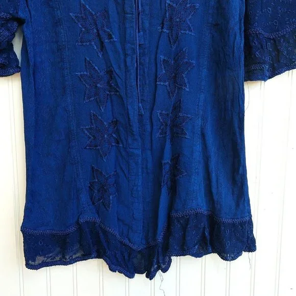 Holy Clothing Rachelle Tunic Top Size XL 1X Blue Ruffle Embroidered Tassels - Picture 6 of 11